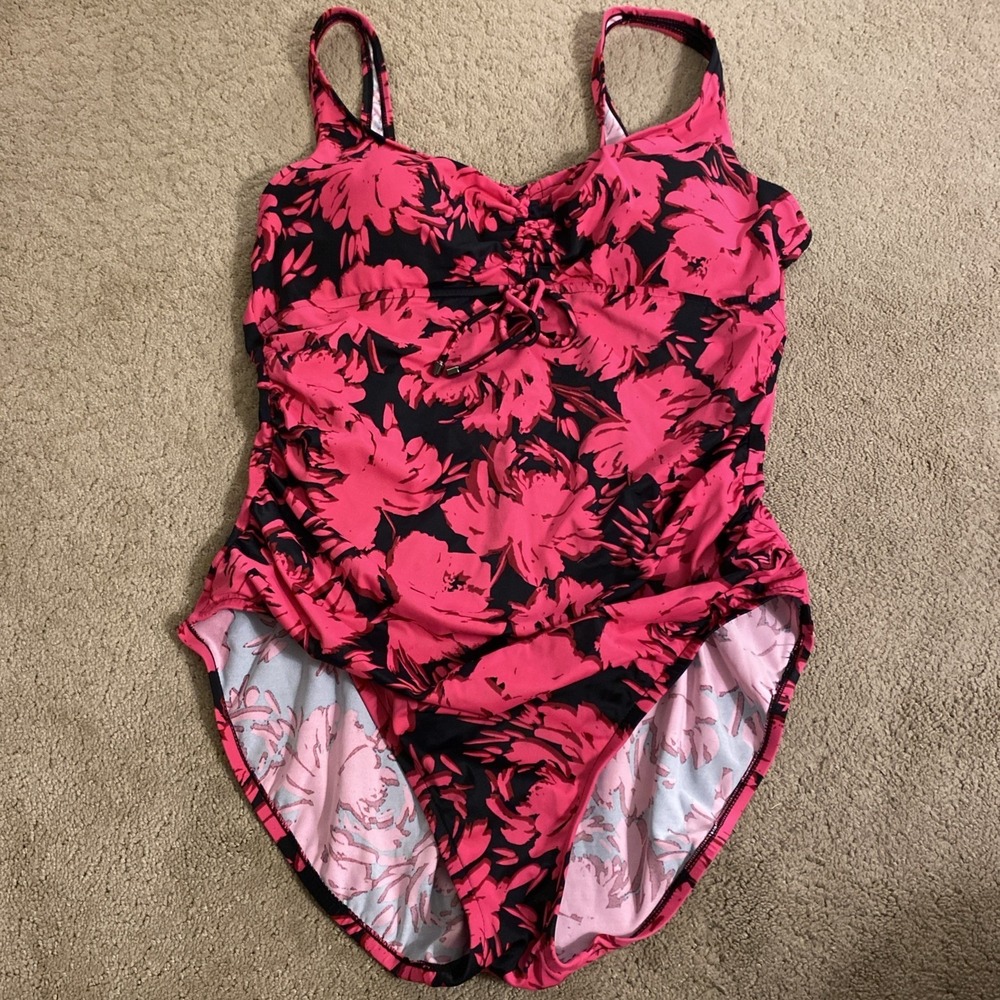 AQUA‎ GREEN HOT PINK/BLACK TROPICAL FLORAL ONE-PIECE SWIMSUIT CINCH TIE FRONT XL